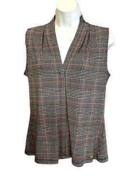 Calvin Klein Sleeveless Blouse Top Plaid Black White Red Stretch Size S